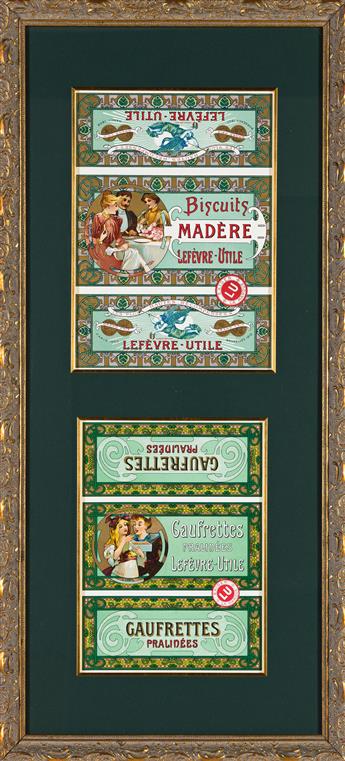 ALPHONSE MUCHA (1860-1939).  LEFÈVRE - UTILE BISCUITS. Two biscuit tin labels. Circa 1900. Each approximately 11½x8 inches, 29¼x20¼ cm.